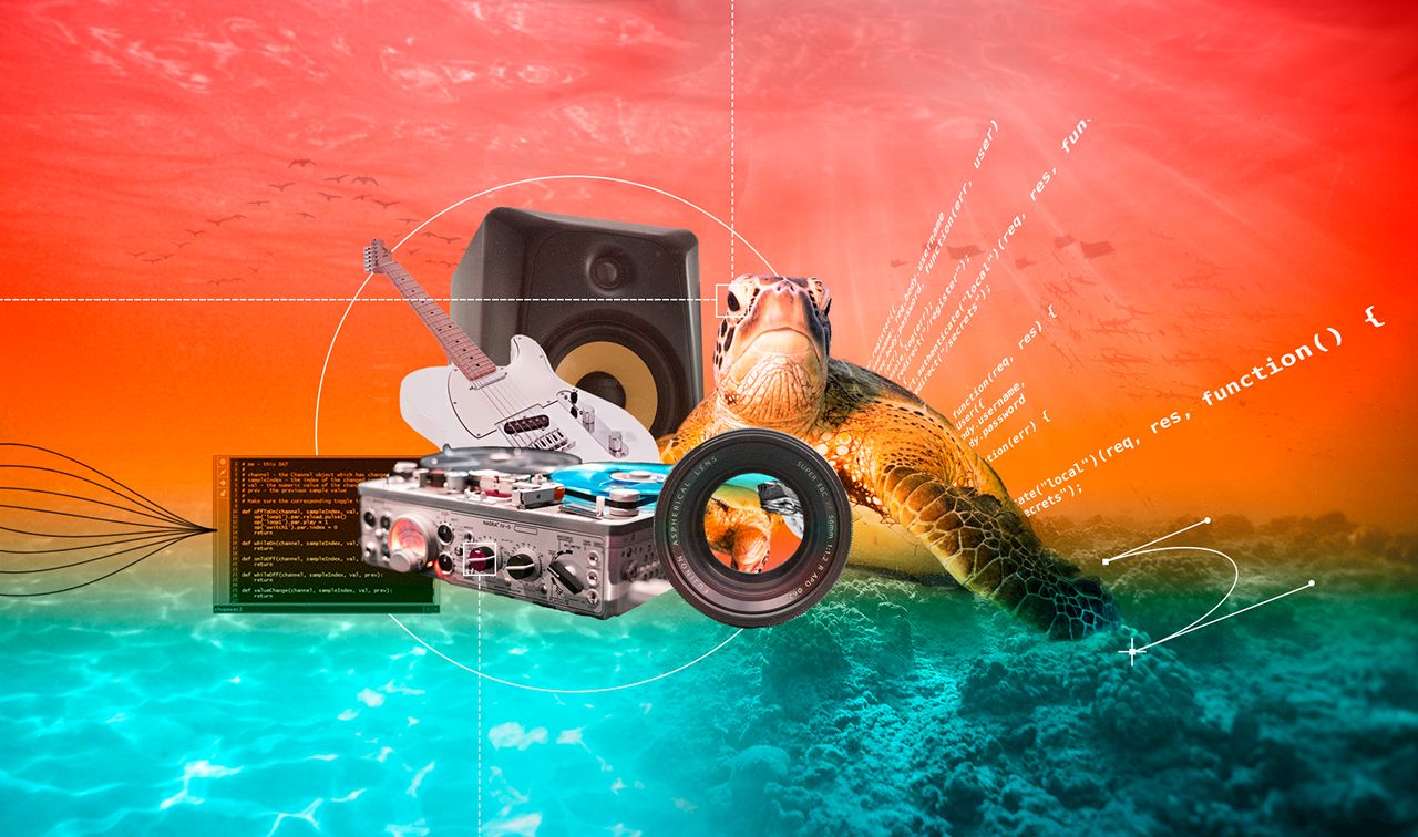 Collage of a speaker, an electric guitar, an audio interface, a camera lens, a code screen and a sea turtle over an orange sky and turquoise water.